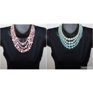 Lot of 2x Vintage Multi Strand Faux Pearl Beads Necklace Pink Mint Blue Green